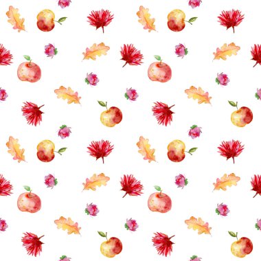 Kuru sarı yaprakları, elma ve çiçekler ile Sonbahar dikişsiz desen