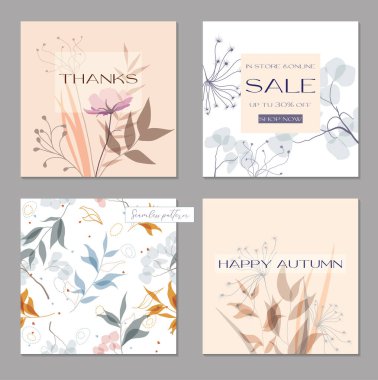 Soyut kare sanat şablonlarını çiçekli elementlerle ayarla. Sosyal medya gönderileri, mobil uygulamalar, afişler tasarımı ve internet reklamları için uygundur. Yumuşak pastel renkler. Kusursuz doğal desen