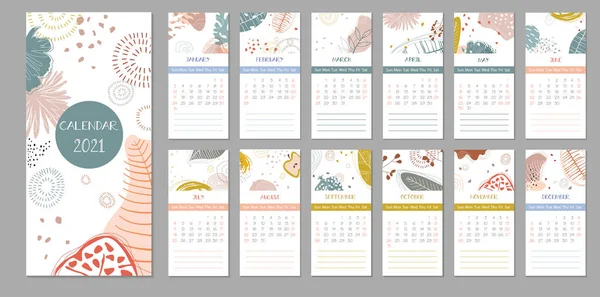 2021 Diseño Calendario Moda Conjunto Meses Semana Comienza Domingo Plantilla — Archivo Imágenes Vectoriales