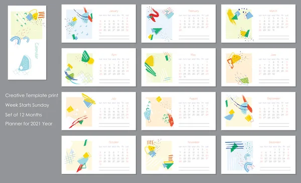2021 Trendig Kalender Design Redigerbar Kalender Sida Mall Abstrakt Konstnärlig — Stock vektor
