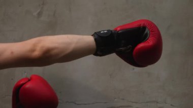 Ellerinizi kapatın. Erkek boks. Kırmızı eldivenler. Şampiyon eğitimi. Temmuz 2020 - Kamianske / Ukrayna