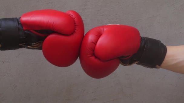 Duas Luvas Boxe Vermelhas Gesto Trabalho Equipa Conceito Concorrência — Vídeo de Stock