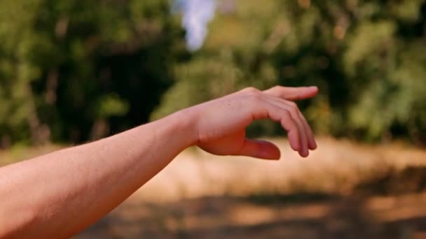 Напрямок Руху Пальців Лісовий Фон Близько Чоловічої Руки Виберіть Правильний — стокове відео