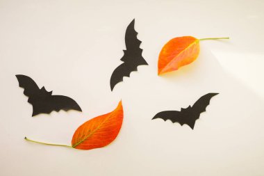 Düz kağıt yarasalar. Cadılar Bayramı afişi. Sonbahar yaprakları. Beyaz arkaplan. 