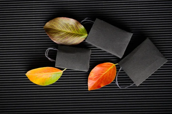 Paper bag with orange leaves. Black friday. Autumn shopping. Seasonal sale