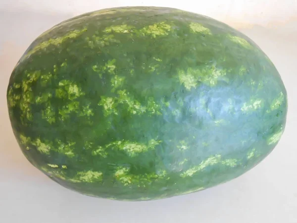 Seitenansicht Einer Großen Grünen Und Gelben Wassermelone Auf Einer Weißen — Stockfoto