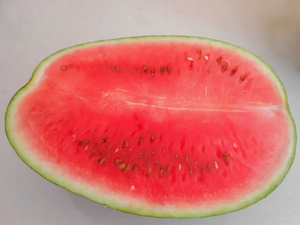 Cross Section Large Red White Green Fleshy Watermelon Fruit Its — Stock Photo, Image