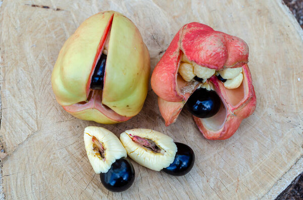 Sitting on the cross section of a slice of wood are open ackee pods showing their contents of arilli and seeds. Before the open pods are two whole arilli with seeds.