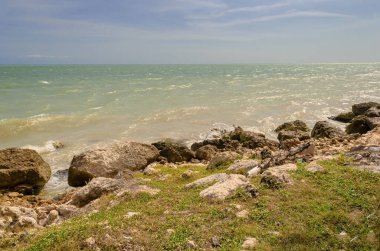 Deniz kıyısında güzel bir gün. Işık dalgaları kıyı şeridi kayalarına çarpıyor. Su kütlesini karadan ayırıyor..