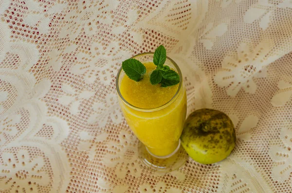 Top View Glass Filled Yellow White Sapote Juice Garnished Sprig — Stock Photo, Image