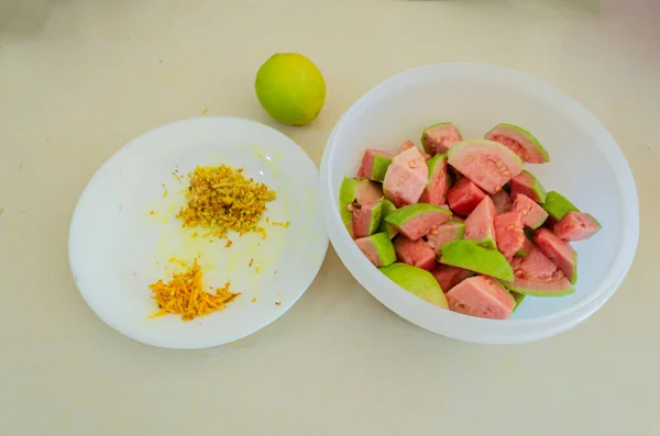 Ingredients Guava Juice Include One Lime Grated Turmeric Ginger Chopped — Stock Photo, Image