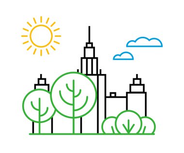 Doğrusal stil - binalar ve bulutlar - grafik tasarım şablonu şehir Moskova resimde vektör. Yeşil Eko şehir logosu