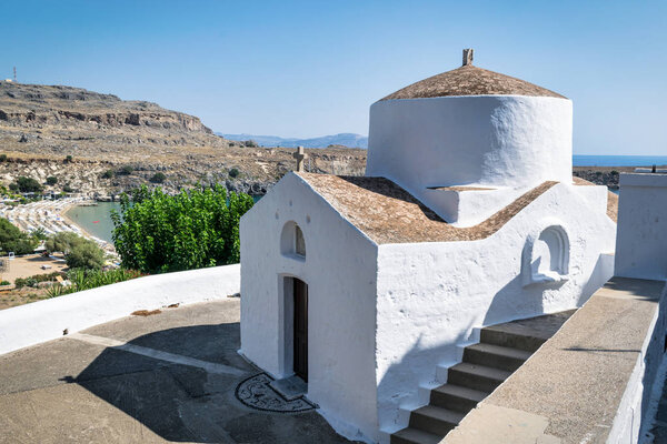 This is the church of Saint Geroge in Lindos on the Greek Island of Rhodes.