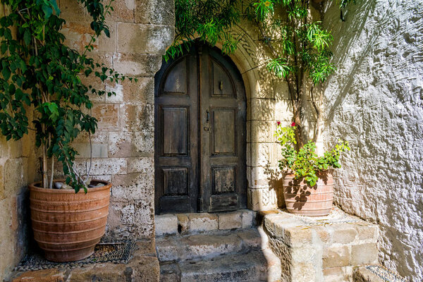 Old entrace with stone steps leading up to a wooden door. Two potted plants are on adjacent sides of the door