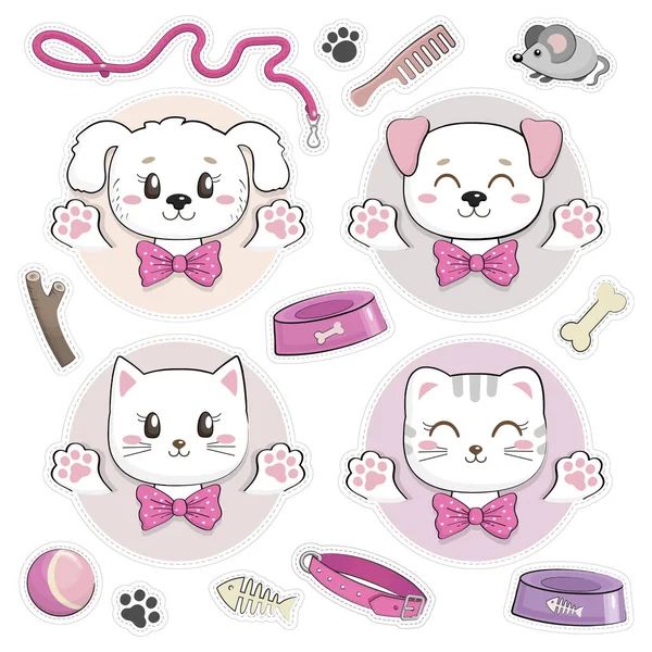 Conjunto Pegatinas Con Gatitos Lindos Cachorros Sus Cosas Gatos Perros — Vector de stock