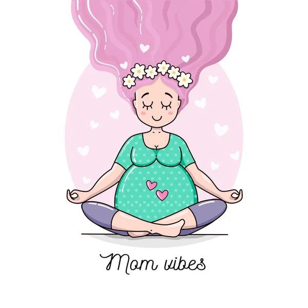 Tatlı Hamile Meditasyon Kadını. Bebek vektör çizimini bekliyorum. Müstakbel güzel annemiz. Hamilelik kartı 