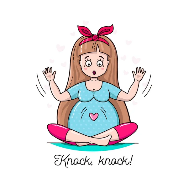 Hamile kadın aniden Bebek Tekmesi Hissediyor. Bebek vektör çizimini bekliyorum. Müstakbel güzel annemiz. Hamilelik kartı 