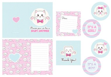 Çift taraflı Bebek Duşu Davetiyesi Şablonu. Minnet kartı, bu bir erkek ve içinde kalpler ve şirin kedi teması olan bir kız kartı.. 