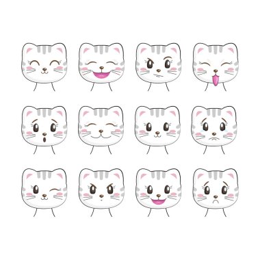 Set of cute kitty with different emotions, isolated on white background. Kawaii cat character. Useful for many applications (stickers, prints for apparel, scrapbooking projects ets). clipart