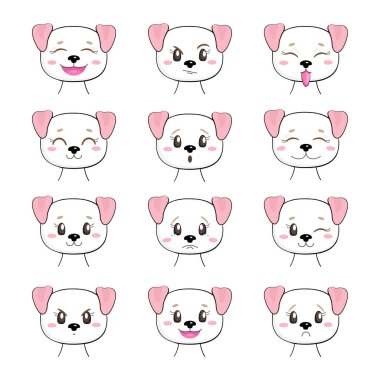 Farklı duyguları olan, beyaz arka planda izole bir köpek yavrusu. Kawaii köpek karakteri. Birçok uygulama için kullanışlıdır (etiketler, giyim için baskılar, yapıştırma kitabı projeleri).
