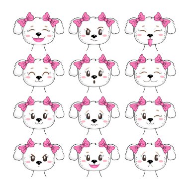 Farklı duyguları olan, beyaz arka planda izole bir köpek yavrusu. Kawaii köpek karakteri. Birçok uygulama için kullanışlıdır (etiketler, giyim için baskılar, yapıştırma kitabı projeleri).