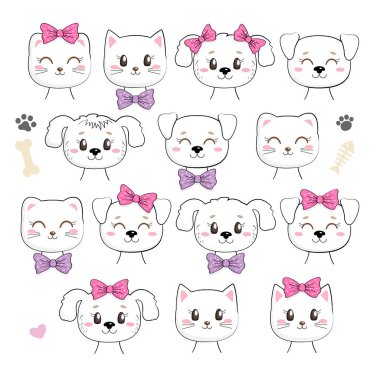 Beyaz arka planda izole edilmiş şirin kedi yavruları ve fiyonklu yavrular. Kawaii kedi ve köpek karakteri. Birçok uygulama için kullanışlıdır (etiketler, giyim için baskılar, yapıştırma kitabı projeleri).