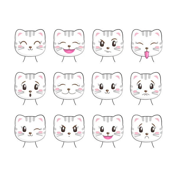 Farklı duyguları olan, beyaz arka planda izole bir kedi seti. Kawaii kedi karakteri. Birçok uygulama için kullanışlıdır (etiketler, giyim için baskılar, yapıştırma kitabı projeleri).