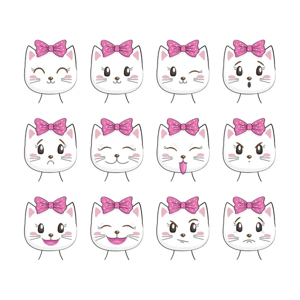 Set Cute Kitty Different Emotions Isolated White Background Kawaii Cat — Stock Vector