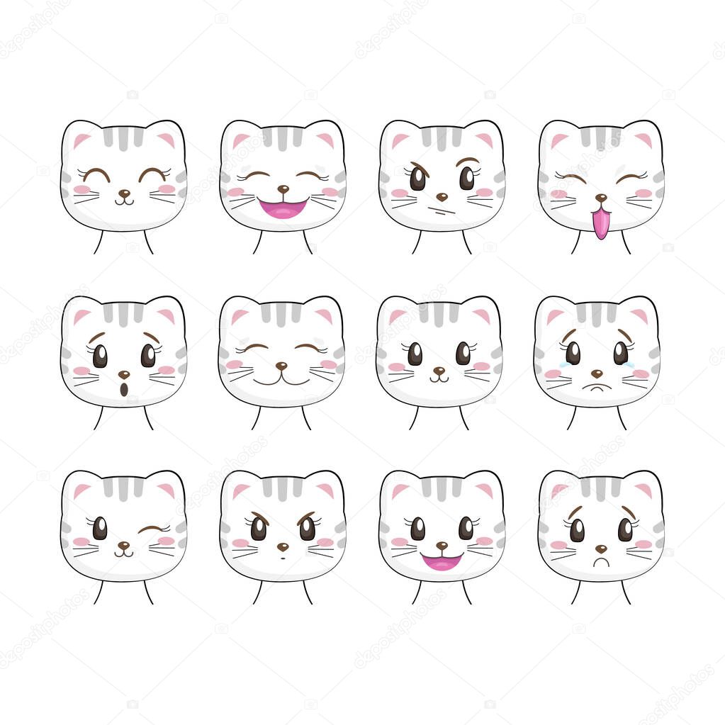 Set of cute kitty with different emotions, isolated on white background. Kawaii cat character. Useful for many applications (stickers, prints for apparel, scrapbooking projects ets).