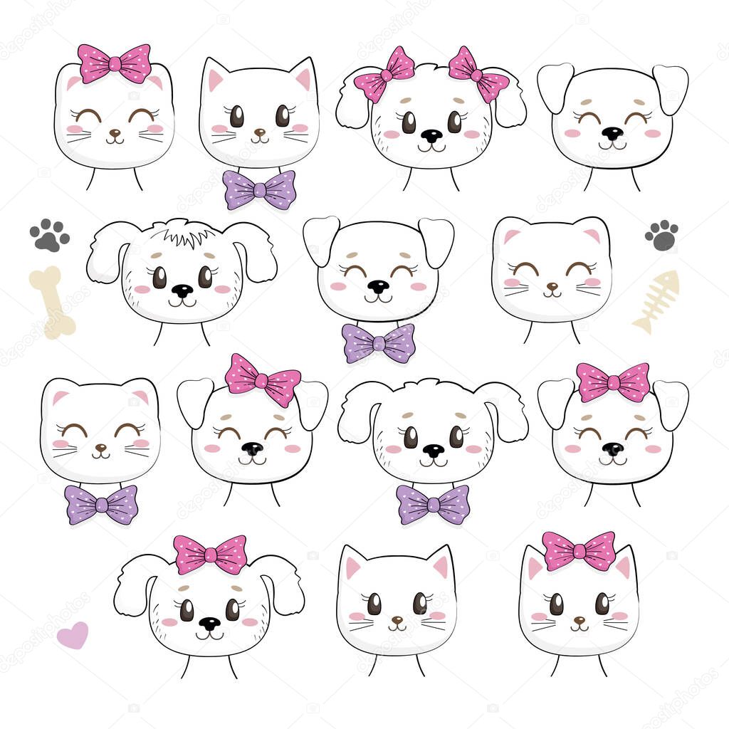Set of cute kittens and puppies with bows isolated on white background. Kawaii cat and dog character. Useful for many applications (stickers, prints for apparel, scrapbooking projects ets).