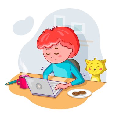 Evde ders çalışıyorum. Online eğitim. Evde kal. Evde çalışan bir çocuk. Genç bir adam dizüstü bilgisayarı ve kedisi olan bir masada oturuyor..