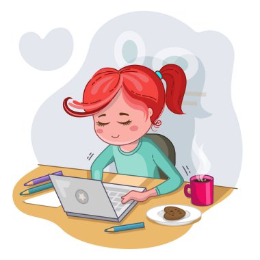 Evde ders çalışıyorum. Online eğitim. Evde kal. Evden çalışıyorum. Dizüstü bilgisayarlı genç bir kadın koltuğu..