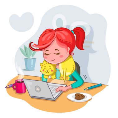 Evde ders çalışıyorum. Online eğitim. Evde kal. Evden çalışıyorum. Dizüstü bilgisayarı ve kedisi olan bir masada oturan genç bir kadın..