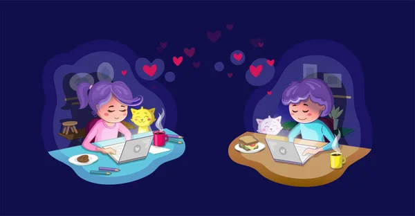 Hubungan Virtual Pasangan Muda Pada Obrolan Online Mengacu Pada Cinta - Stok Vektor