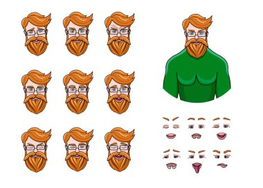 Animasyon ve hareket videosu için bir dizi farklı duygu, erkek karakter. Çeşitli yüz ifadeleri olan yakışıklı adam emojisi. İzole edilmiş vektör stili kızıl sakallı adam. Berber dükkanı için ikonlar.