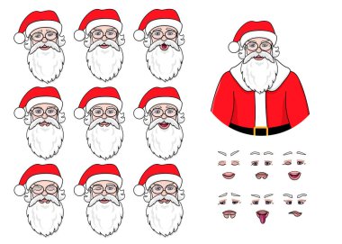 Bir dizi Noel Baba animasyon ve hareket videosu için farklı duygular. Yüzünde değişik ifadeler olan Noel Baba emojisi. İzole vektör karakteri. Poster ve kartpostallar için simge seti.