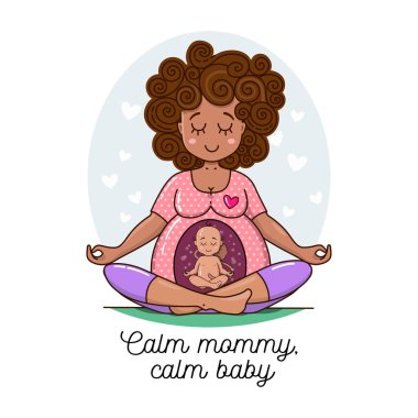 Tatlı Afrikalı kadın, çocuk bekliyor ve yoga yapıyor. Hamile karnındaki bebek de yoga yapıyor. Hamile kadın bebek vektör çizimini bekliyor. Mutlu güzel anne olmak. 