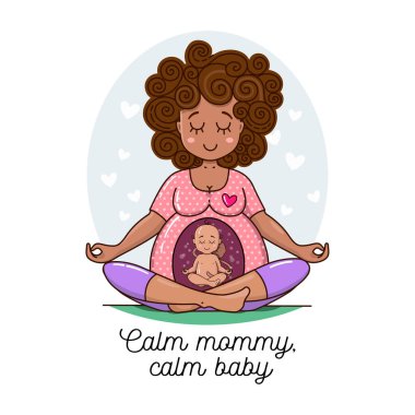 Cute African woman, expecting a child and doing yoga. Baby inside pregnant belly is doing yoga too. Pregnant Lady waiting for baby vector illustration. Happy beautiful mother to be.  clipart