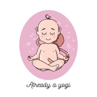 Hamile karnında yoga yapan yeni doğmuş şirin bir bebek. Meditasyon konsepti. Bebek lotusta oturur, vektör çizimi yapar. Ohm. Sakin ve sessiz.