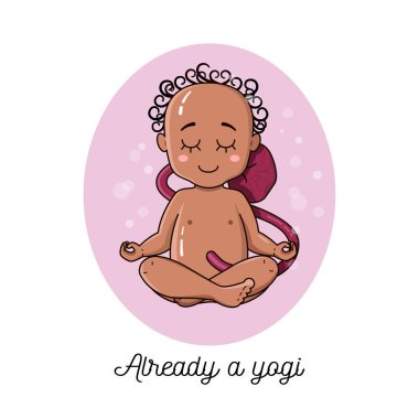 Hamile karnında yoga yapan tatlı Afrikalı yeni doğmuş bebek. Meditasyon konsepti. Bebek lotusta oturur, vektör çizimi yapar. Ohm. Sakin ve sessiz.