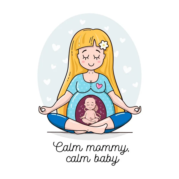 Tatlı bir kadın, çocuk bekliyor ve yoga yapıyor. Hamile karnındaki bebek de yoga yapıyor. Hamile kadın bebek vektör çizimini bekliyor. Mutlu güzel anne olmak. 