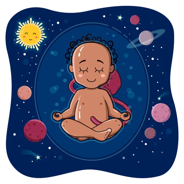 İç uzayında şirin bir Afrika embriyosu. Doğumdan önce fetüs. Yeni doğan bebek Lotus 'ta oturur ve vektör çizimi yapar. Ohm. Meditasyon konsepti. Yoga, gezegenler, sakin ve sessiz.