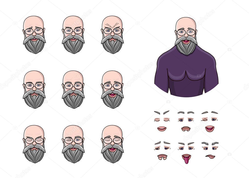 Set of different emotions male character for animation and motion video. Handsome old grey man emoji with various facial expressions. Isolated vector stylish bearded and hairless man. Grandfather. 