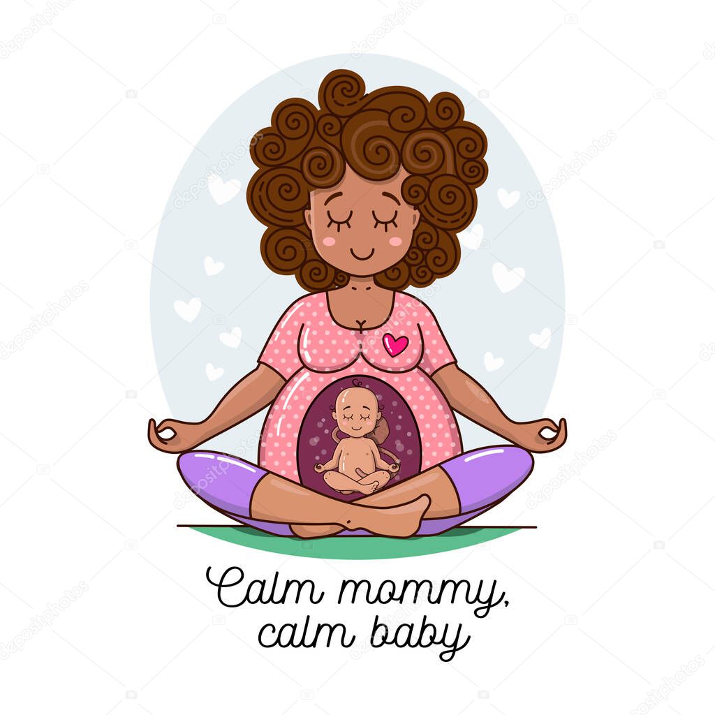 Cute African woman, expecting a child and doing yoga. Baby inside pregnant belly is doing yoga too. Pregnant Lady waiting for baby vector illustration. Happy beautiful mother to be. 