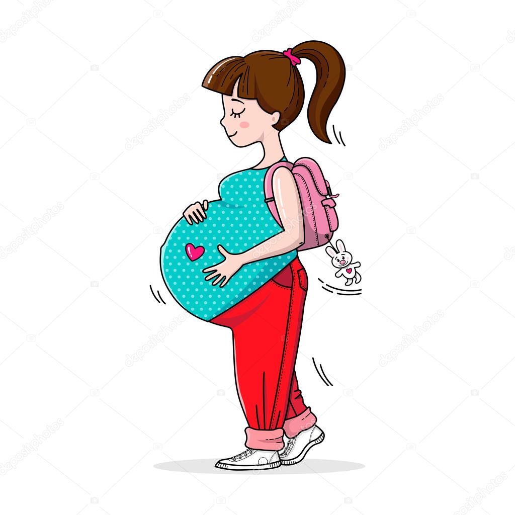 Beautiful happy mother to be. Fashion and style for pregnant women. Pregnant teenage girl on the walk. Cute big pregnant belly. Pregnancy illustration for card and print.