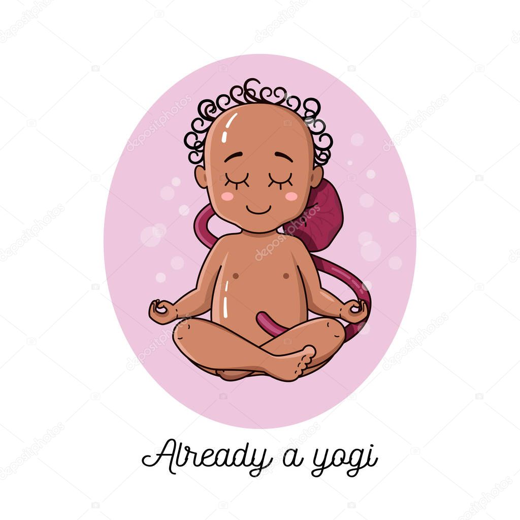 Cute African newborn baby inside pregnant belly doing yoga. Meditation concept. Baby sit in lotus pose vector illustration. Ohm. Calm and silence.