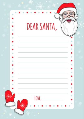 Noel Baba 'ya bir mektup. Çirkin süveter desenli, kartaneleri ve kalbi olan komik alfabeli çizgi film Noel dilekleri listesi. Vektör çizimi. Sevgili Noel Baba.