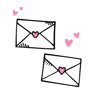 Posta simgeleri ögeleri. Aşk kartları için zarflar. Doodle tarzı harfler. El çizimi çizimi. Sevgililer Günü sembolü.