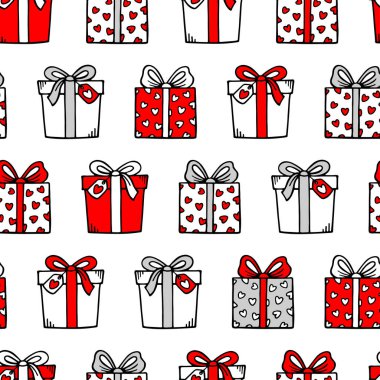 Sevimli el çizimi, hediye kutuları ve aşk karalamalarıyla kusursuz desen. Vektör arkaplanı. Sevgililer günün kutlu olsun.. 