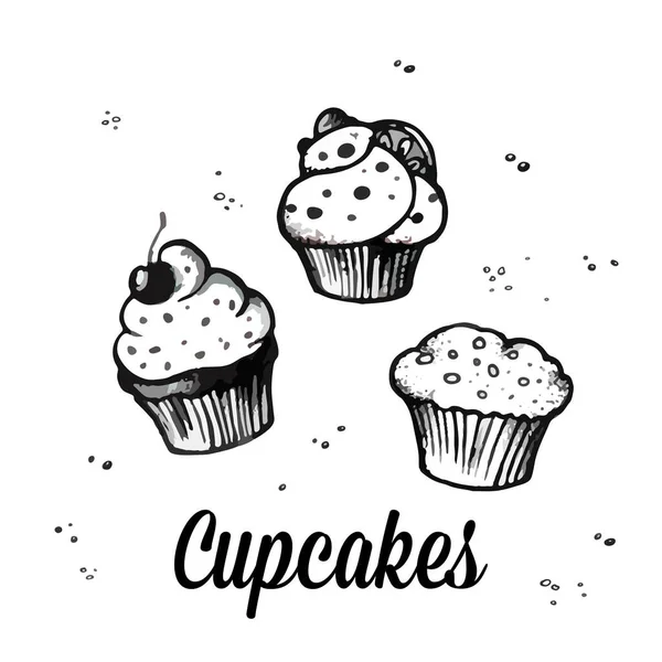 Cupcakes Sketch Sweet Bakery Hand Drawn Vector Illustration Isolated White — Stock Vector